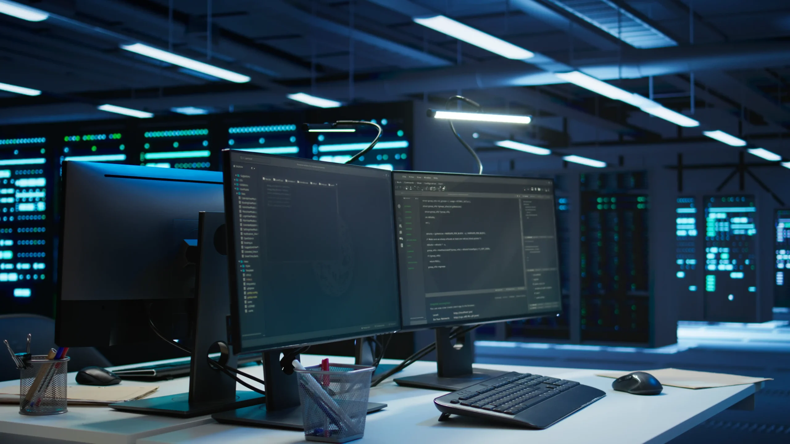 multi monitor computer setup data center used monitoring security threats